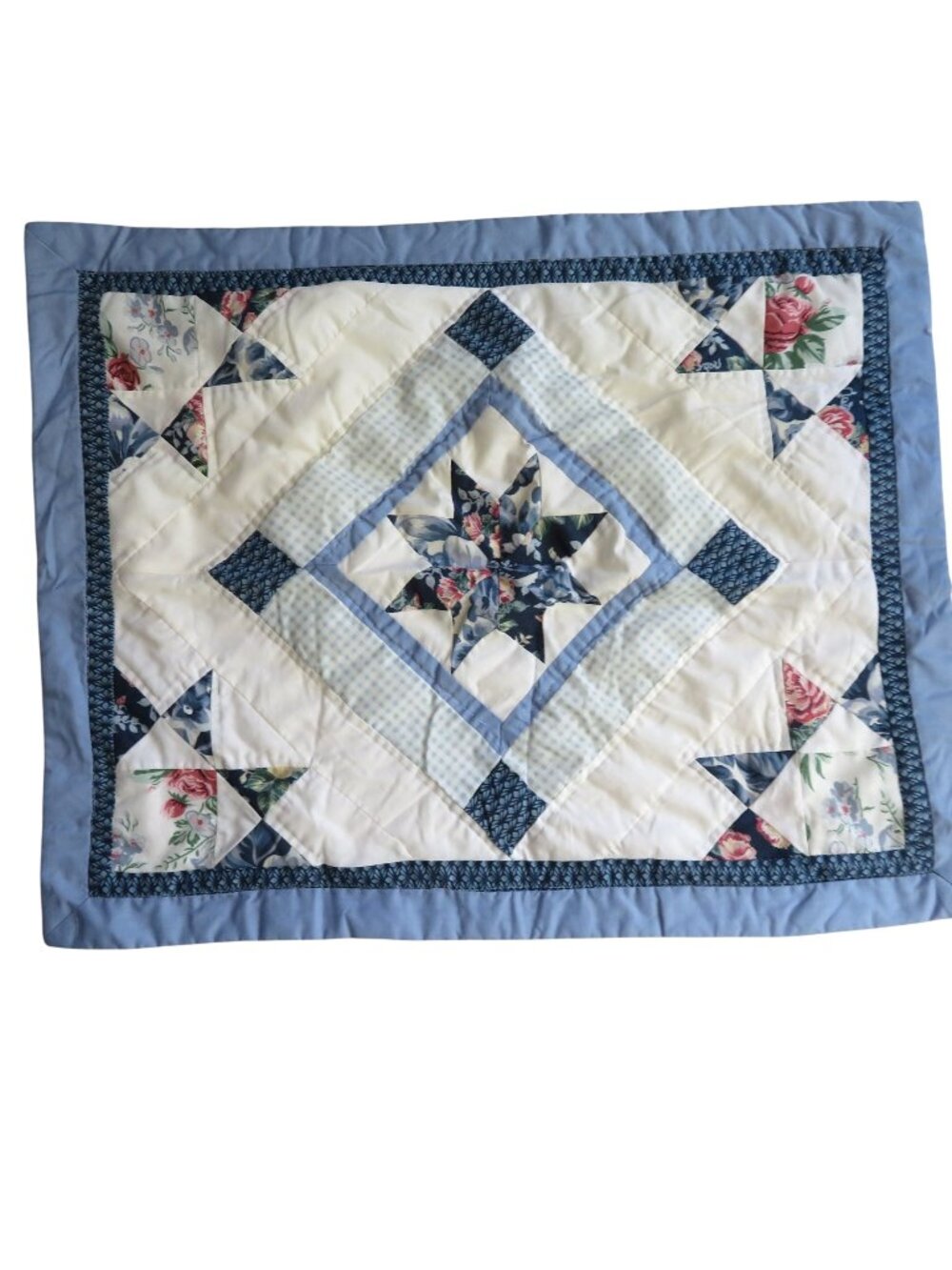 Vintage Set of 2 Hand Quilted Blue White Floral Star Patchwork Shams 20"x26"